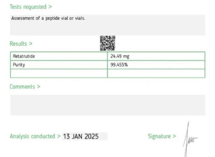 Retatrutide dosed at 20mg per vial and tested by HPLC with a reputable 3rd party